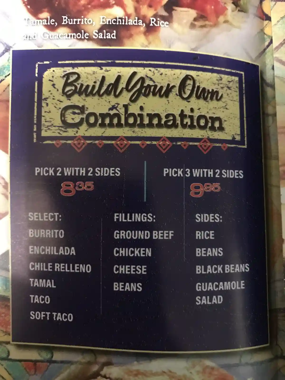 A restaurant menu section titled 'Build Your Own Combination' offers two pricing tiers: 'Pick 2 with 2 Sides' for $8.35 and…