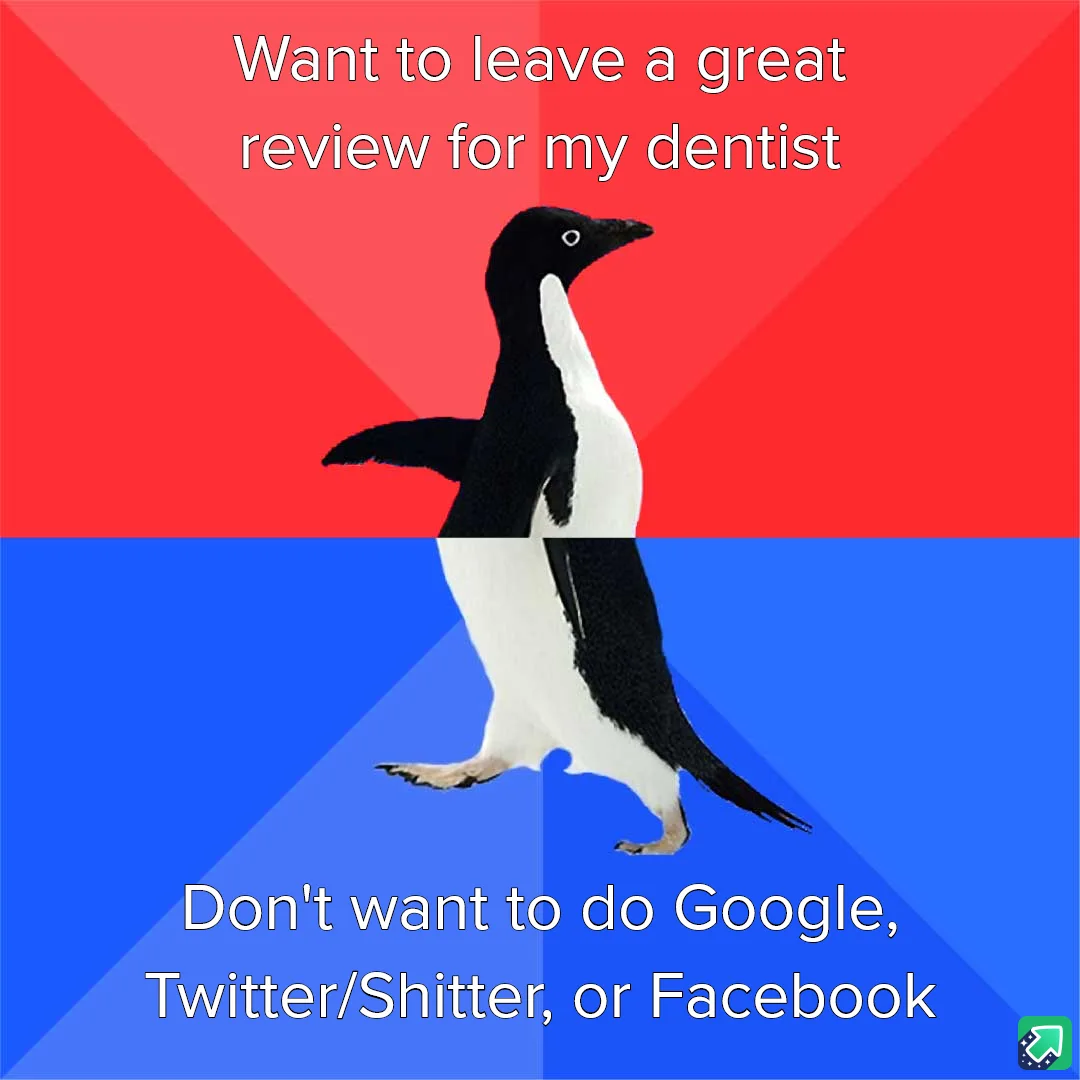 A penguin stands centered against a red and blue background, with white text above reading 'Want to leave a great review for…
