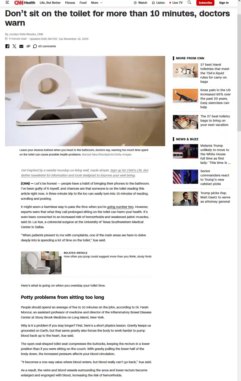 A screenshot of a CNN Health article titled 'Don't sit on the toilet for more than 10 minutes, doctors warn,' featuring a…