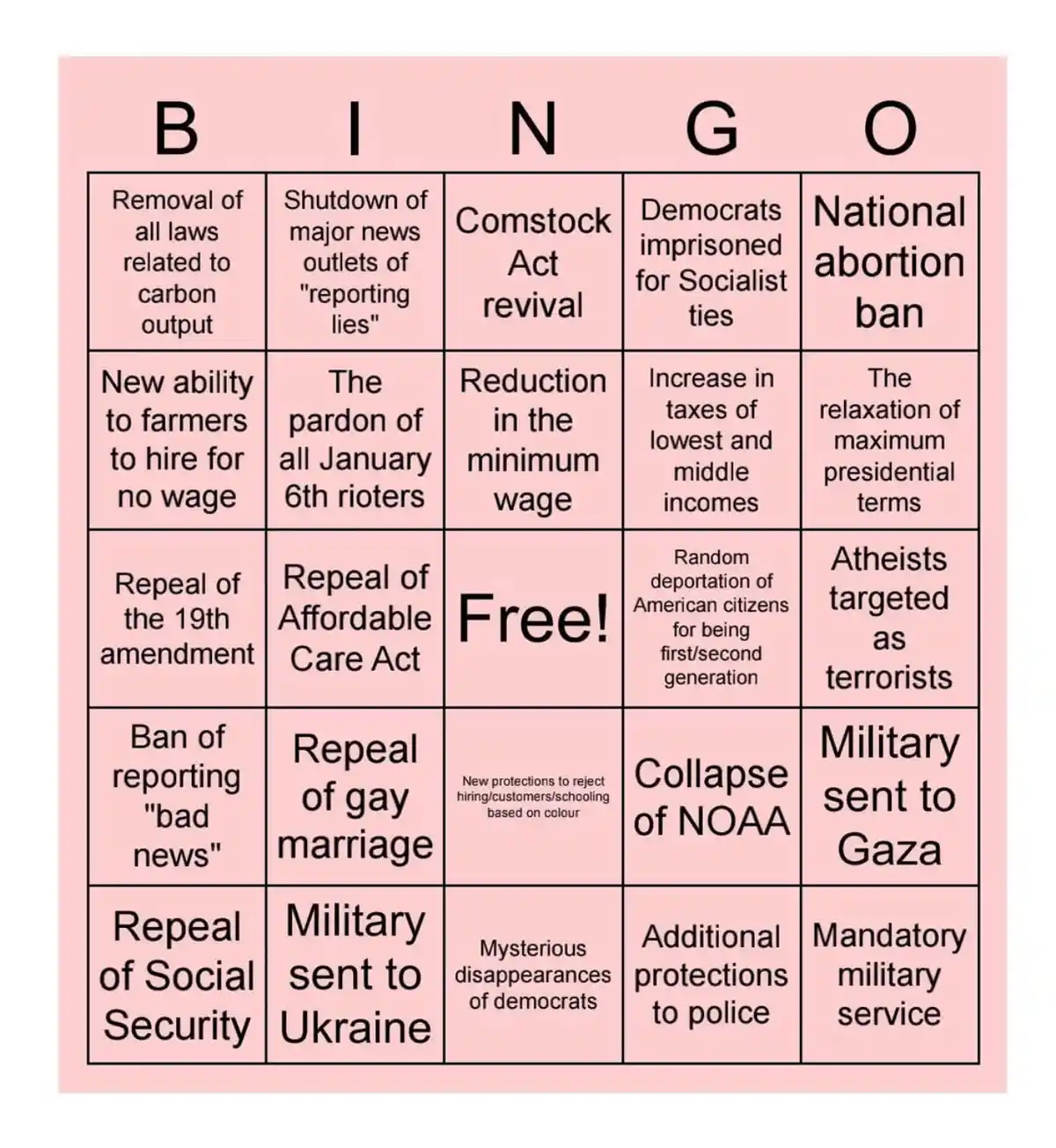 A pink bingo card with 25 squares arranged in a 5x5 grid, each containing a politically charged phrase such as 'National…