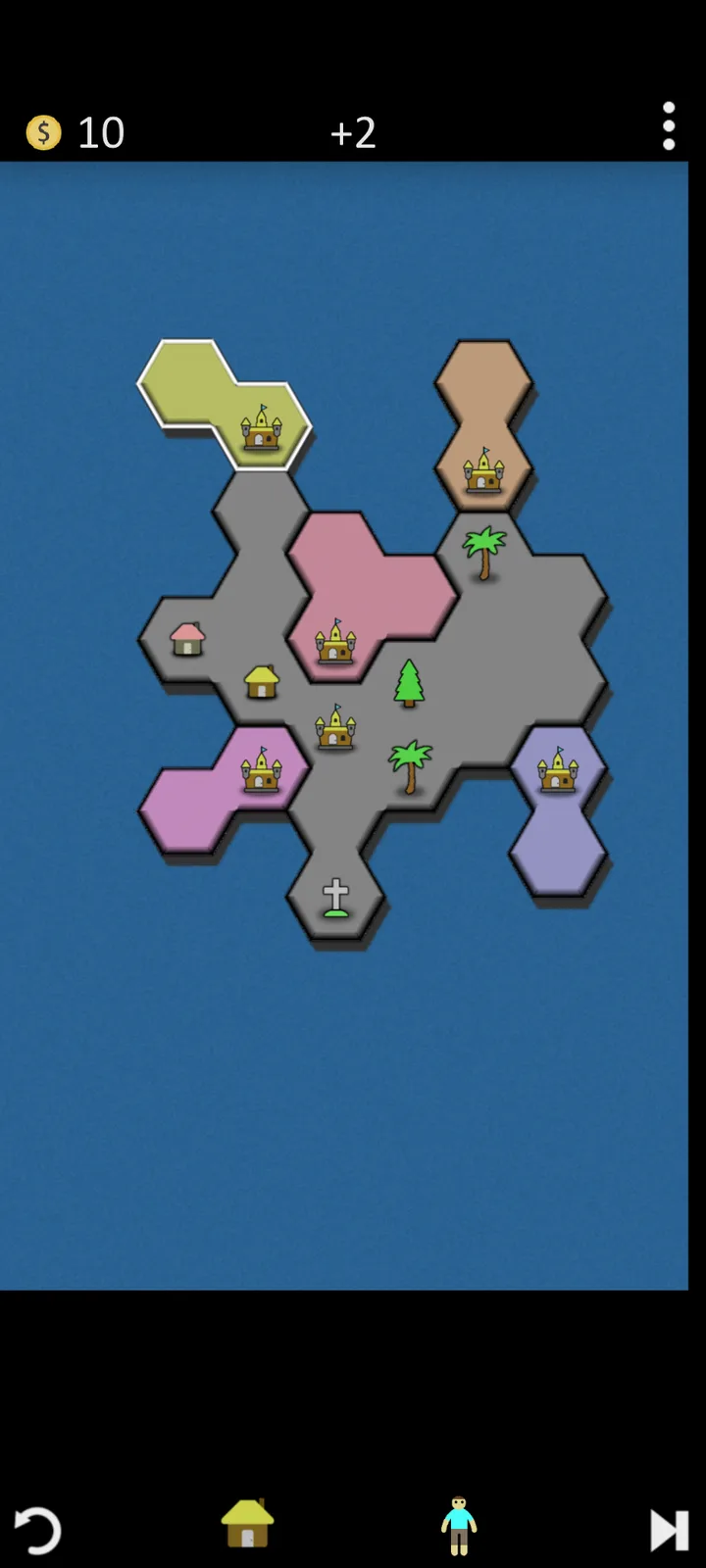 A screenshot from a hexagonal tile-based mobile game shows a player's map with various buildings including castles, houses…