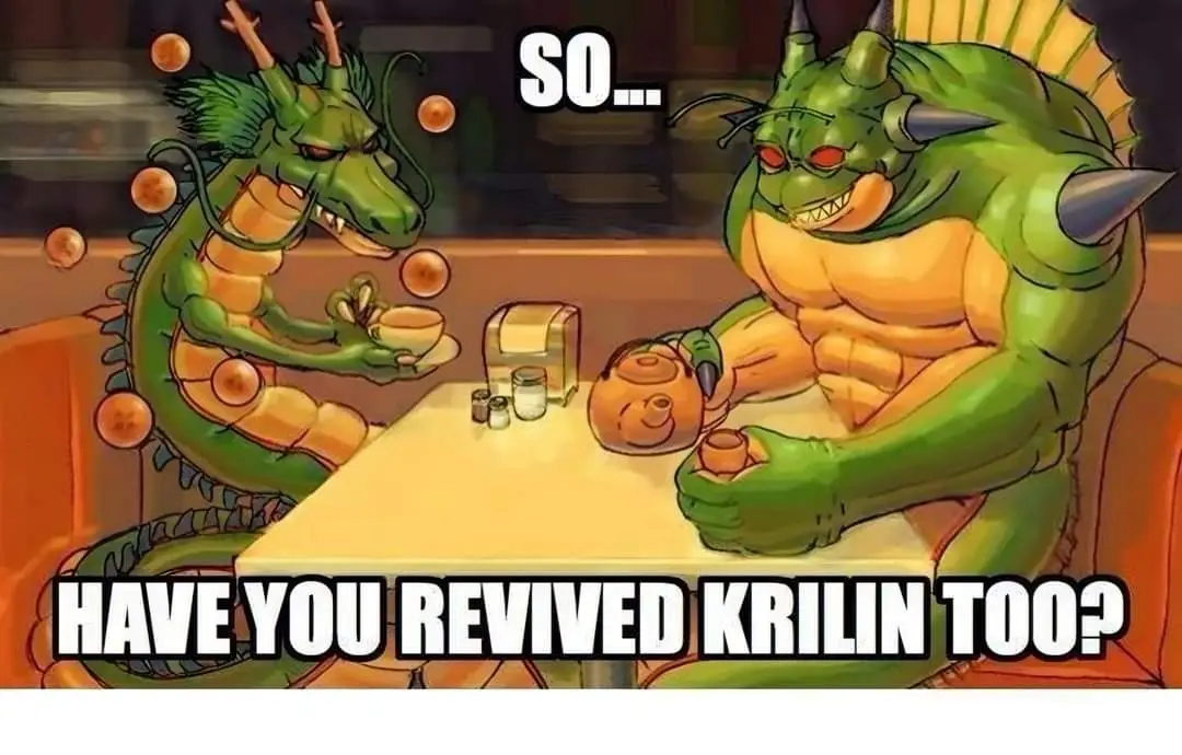 Two green dragon-like characters sit across a table in a cafe, one holding a teacup and the other a teapot. The text…