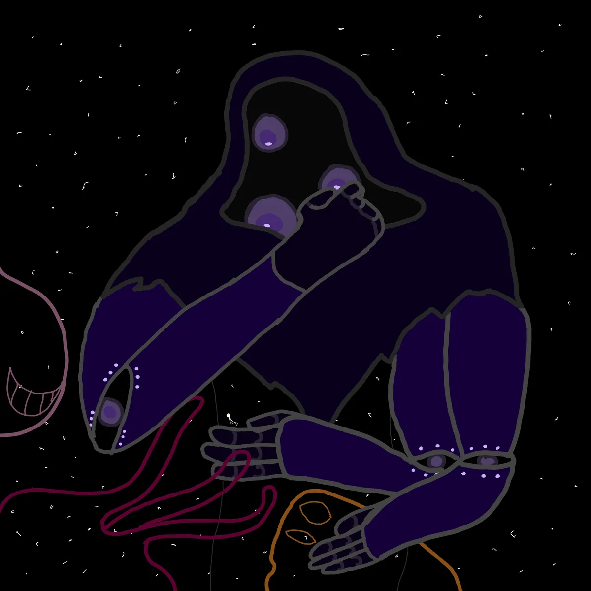 A dark purple, hooded figure with multiple glowing purple eyes sits in a starry void, holding a small object to its mouth…