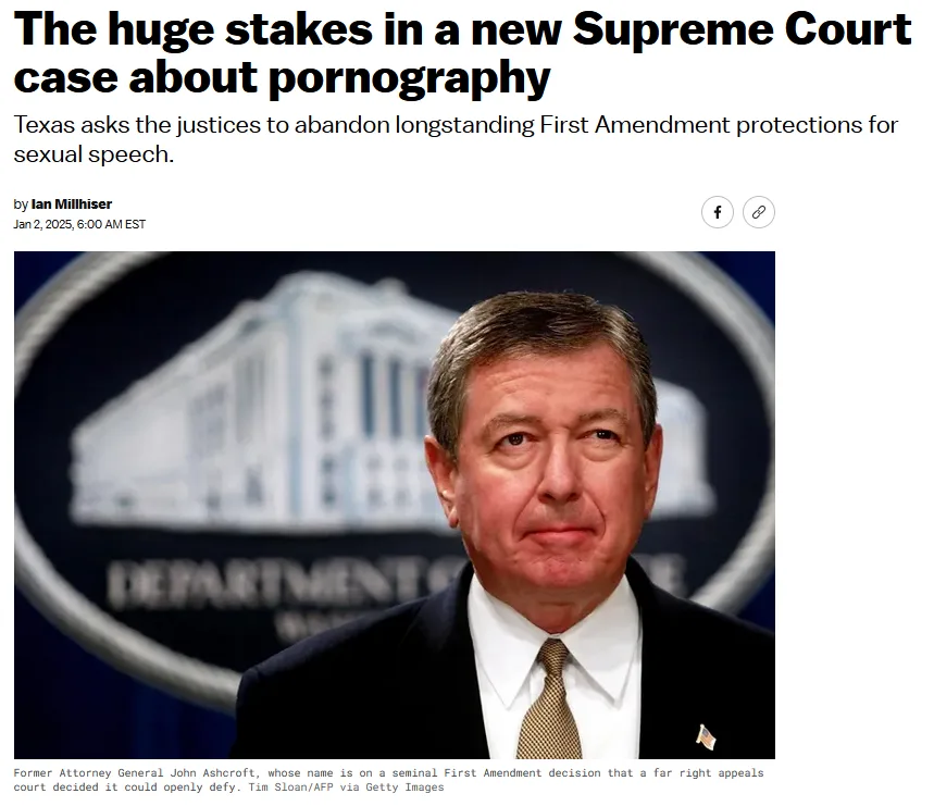 A screenshot of a news article shows a photo of former Attorney General John Ashcroft in front of a Department of Justice…