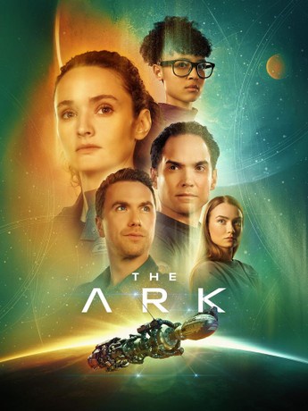 A promotional poster for the TV show 'The Ark' features six main characters' faces arranged in a layered composition against…