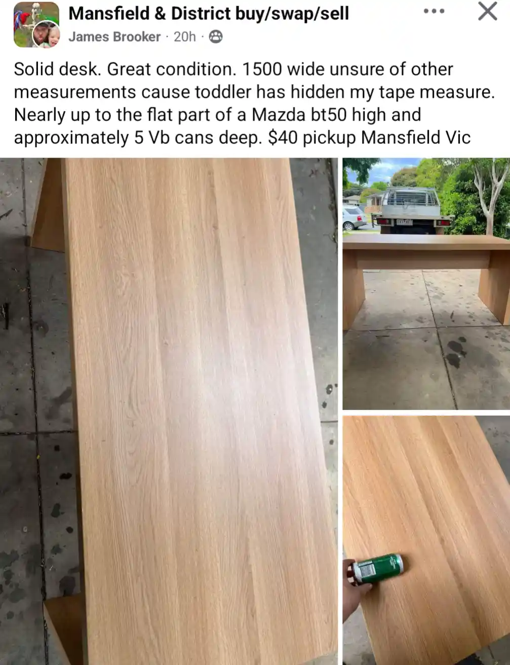 A Facebook Marketplace post by James Brooker for a solid wooden desk, featuring three photos: a close-up of the desk's side…