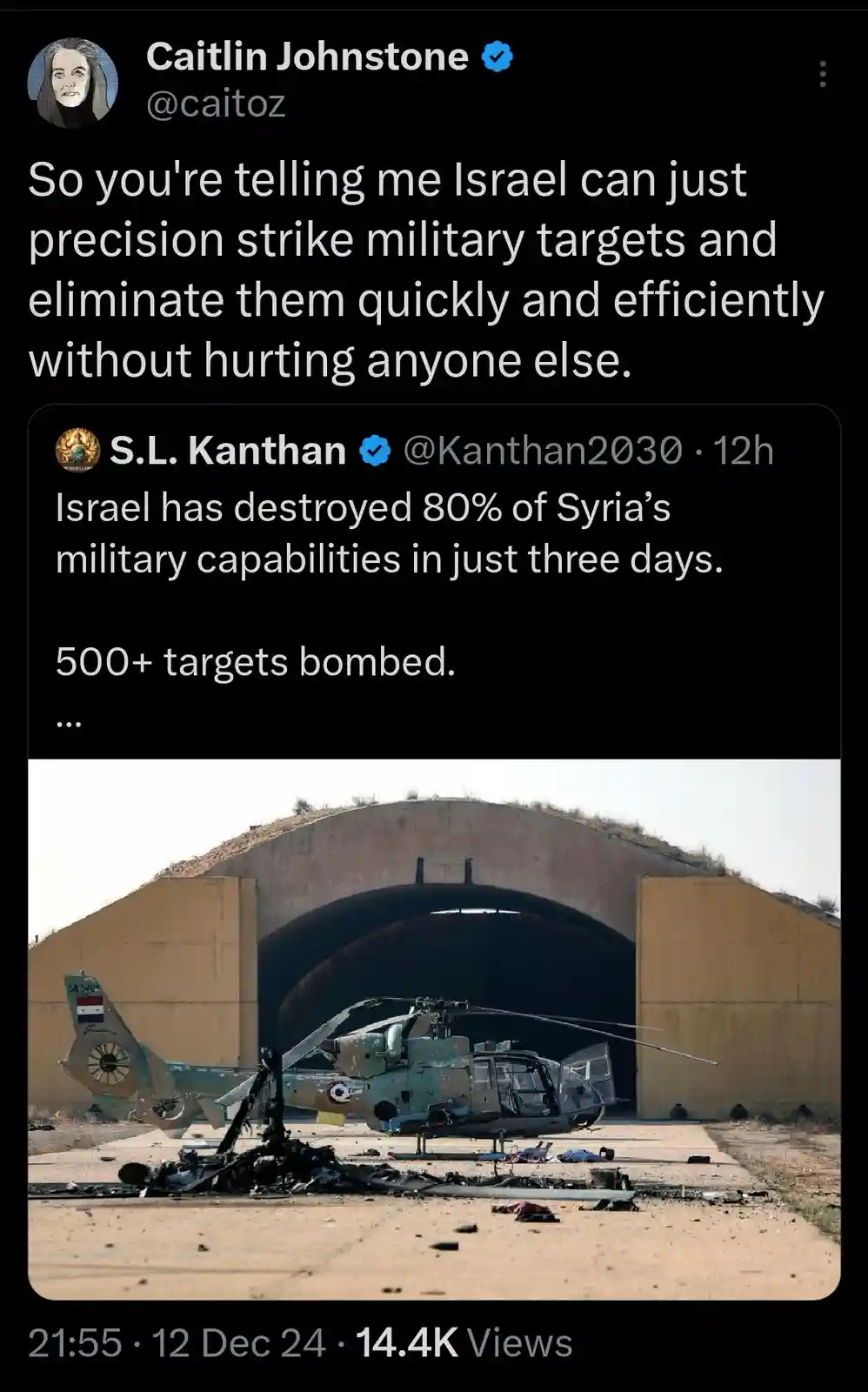 A screenshot of a Twitter thread shows a user questioning Israel's ability to conduct precision strikes without collateral…
