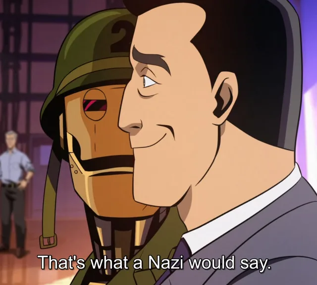 A close-up of a man in a suit smiling smugly while standing next to a robot soldier wearing a helmet with a number '2' on…