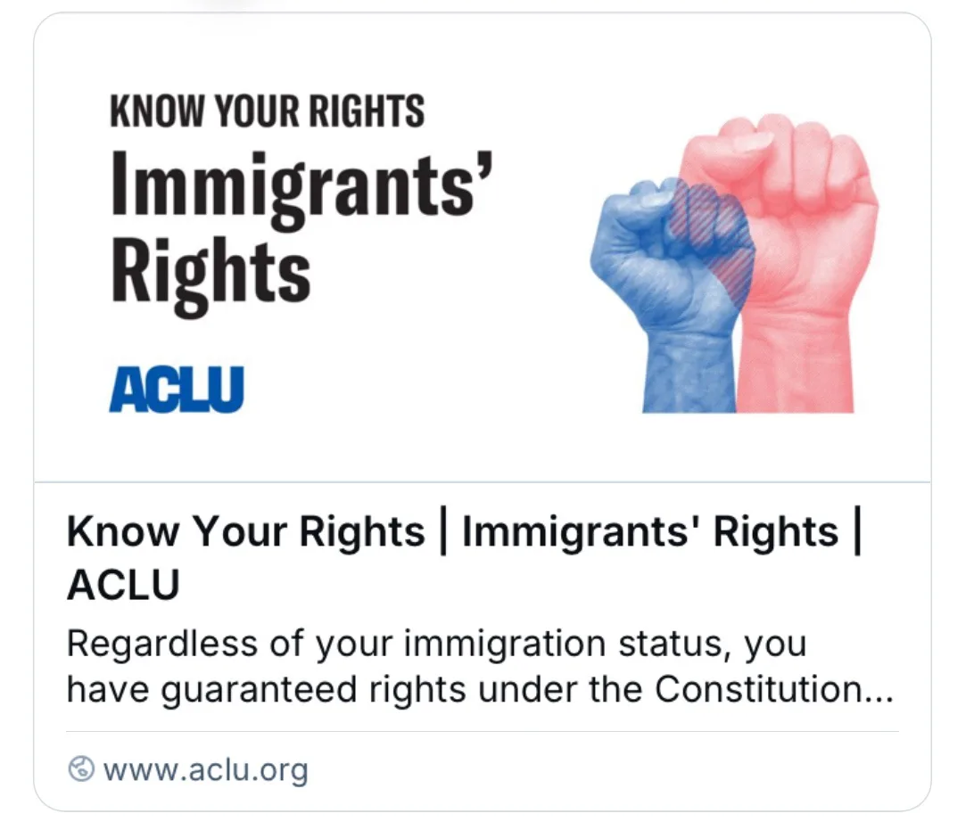 An official ACLU public service announcement graphic featuring two raised fists, one blue and one red, next to the text…