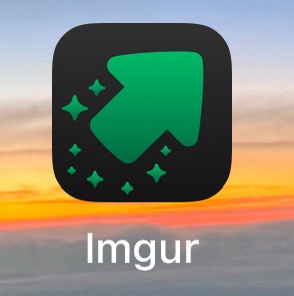 The image displays the Imgur app icon, a black rounded square with a green stylized arrow and sparkles, centered over a…