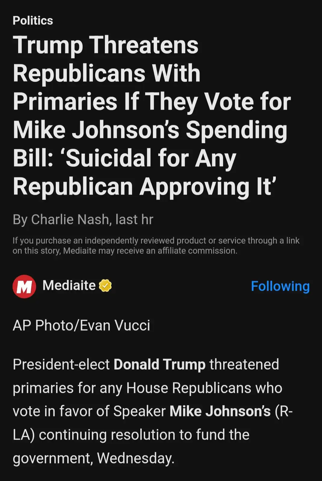 A screenshot of a Mediaite news article with a black background and white text, featuring the headline 'Trump Threatens…