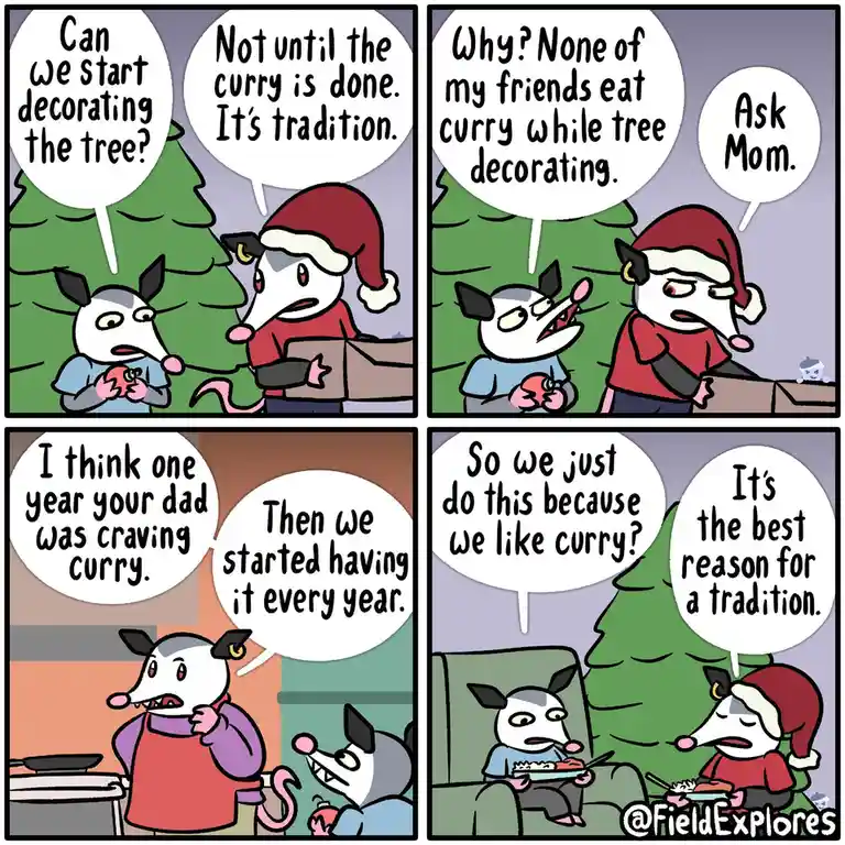 A four-panel comic featuring cartoon opossums during Christmas. A child asks to decorate the tree, but the parent insists…