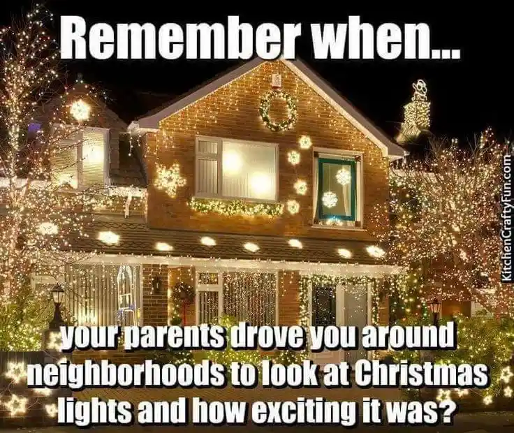 A house is heavily decorated with Christmas lights, wreaths, and snowflake ornaments at night. The overlaid text reads…