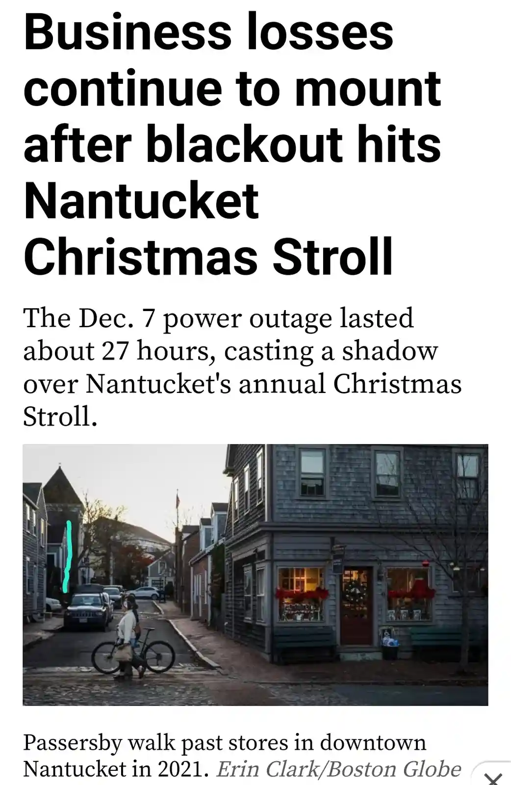 A news article screenshot shows a headline about business losses after a 27-hour blackout during Nantucket's Christmas…