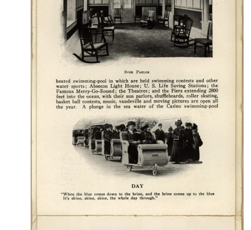 A vintage travel brochure page featuring two black-and-white photos: the top shows an empty 'Rose Parlor' with rocking…