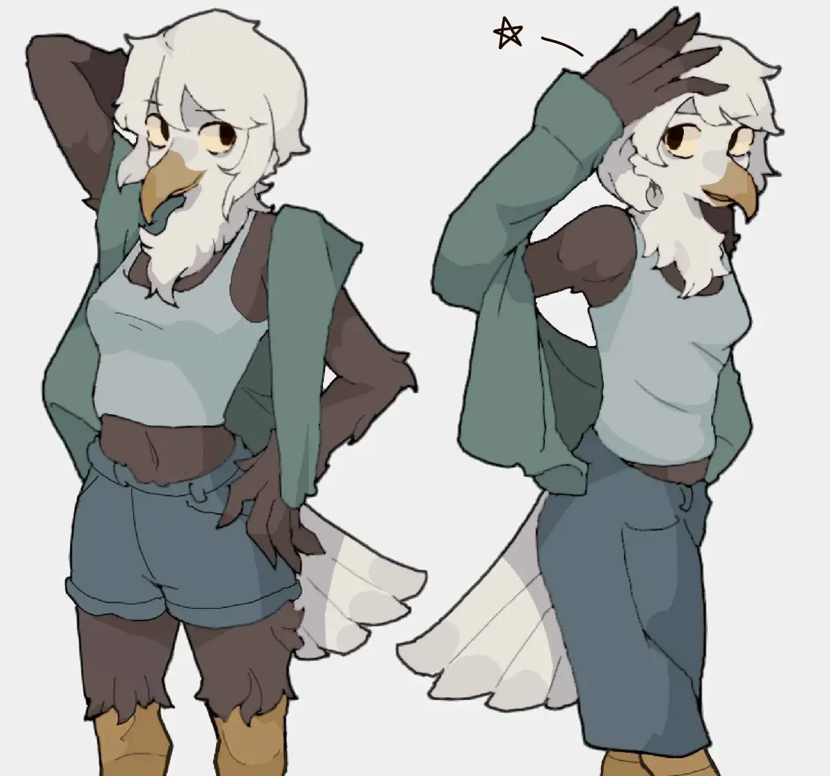 Two identical anthropomorphic eagle characters are shown side-by-side, both wearing similar casual clothes including a green…