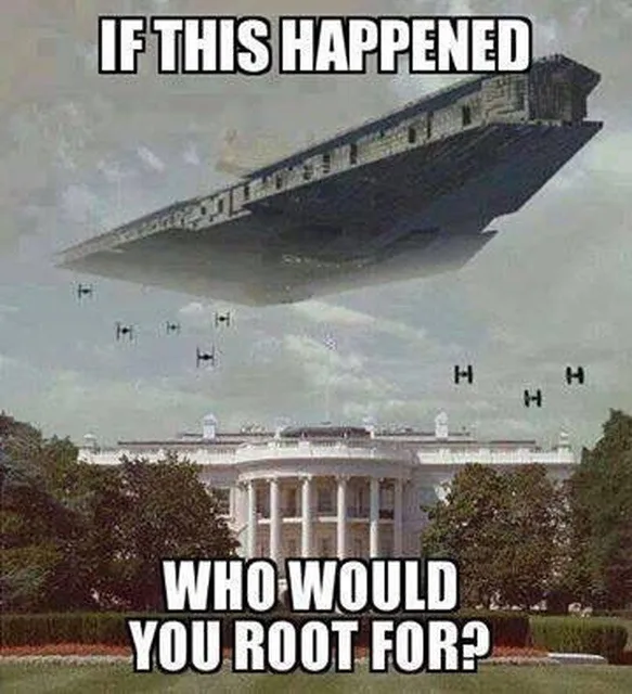 The image shows the White House with a massive Star Destroyer from Star Wars hovering above it, accompanied by several TIE…