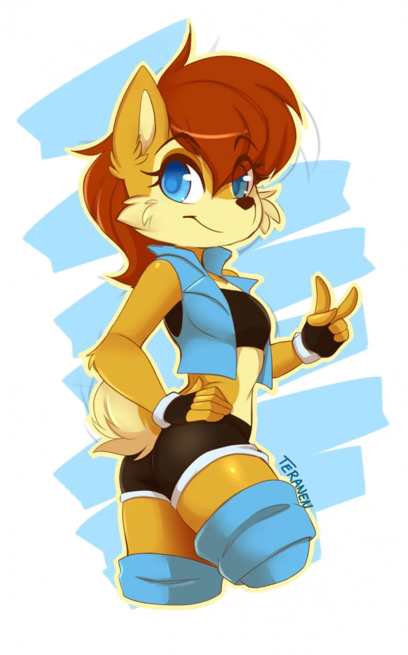 An anime-style anthropomorphic fox with brown hair and blue eyes, wearing a blue vest over a black top and blue knee pads…