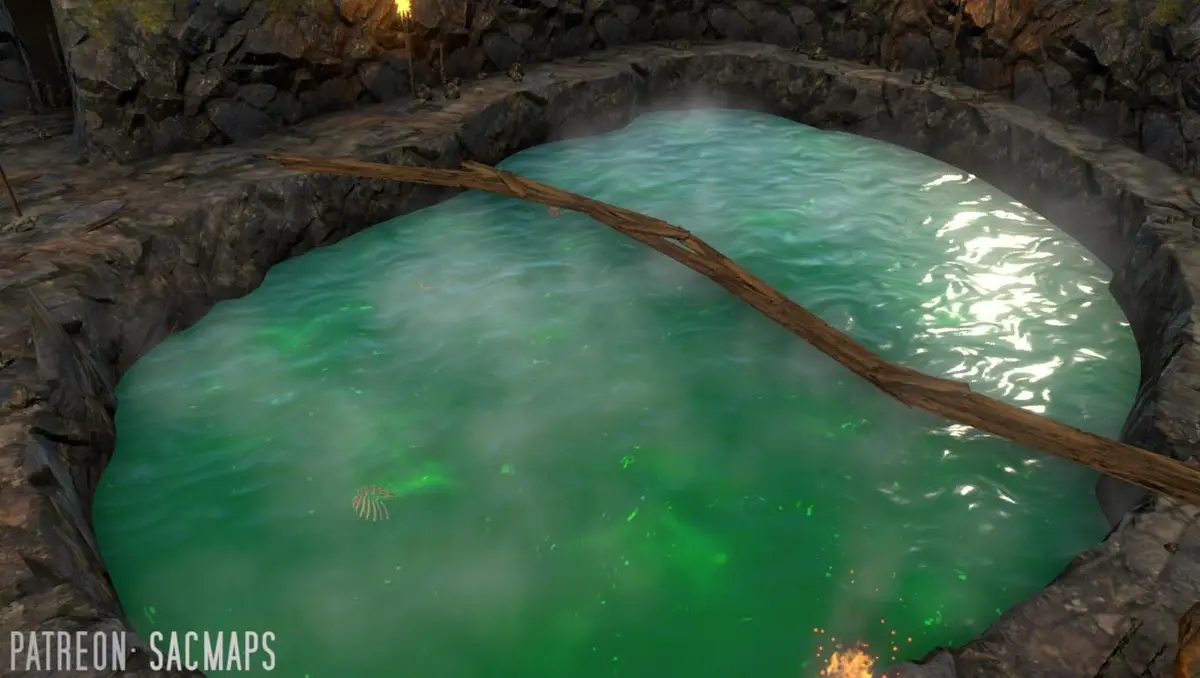 A screenshot from a video game shows a steaming, greenish pool of water in a stone-lined pit, with a large fallen log across…