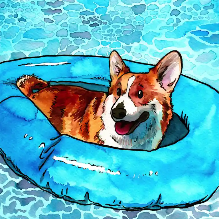 A watercolor illustration shows a happy, brown-and-white corgi dog lounging comfortably inside a bright blue inflatable pool…