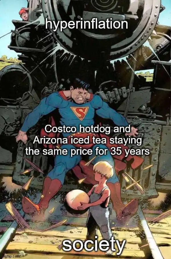 A comic book panel shows Superman straining to push a massive train engine off a track, while a small child stands nearby…