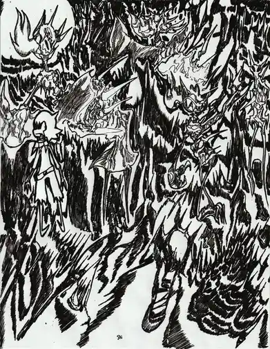 A black-and-white ink drawing shows a small, stylized character standing calmly in front of a chaotic background filled with…