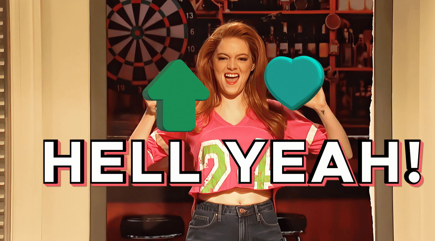 A woman in a pink sports jersey holds a green arrow and a green heart, smiling and cheering with the text 'HELL YEAH!'…