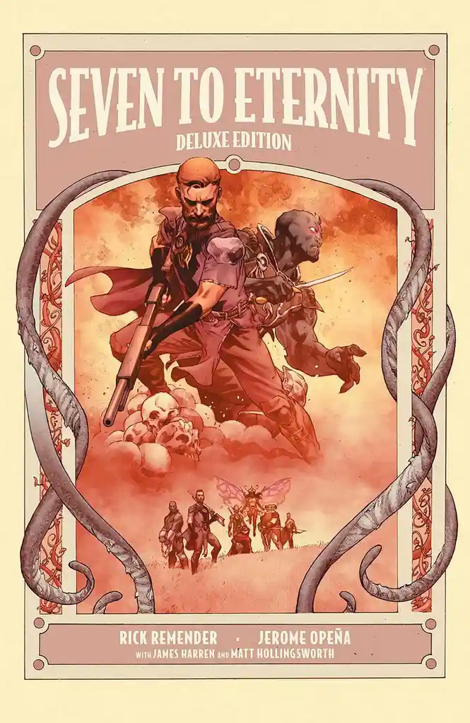 The image is the cover art for the 'Seven to Eternity Deluxe Edition' comic book, featuring a central bald man in a purple…