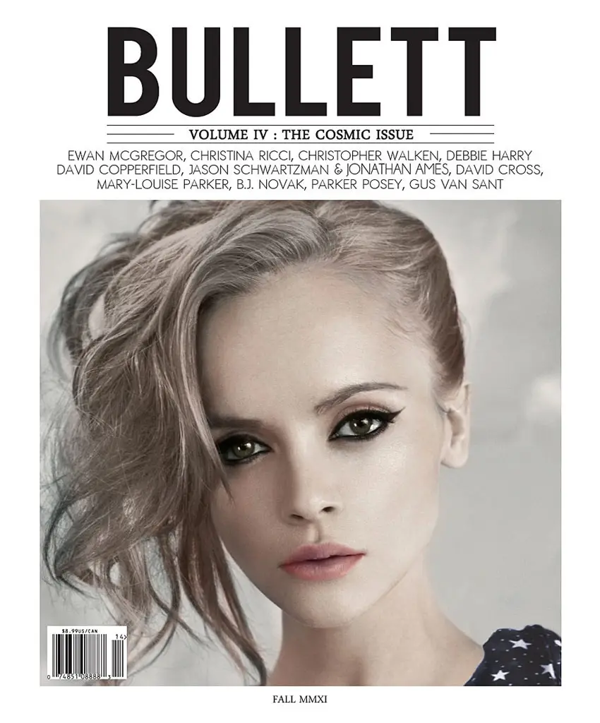 The image is a magazine cover titled 'BULLETT', Volume IV: The Cosmic Issue, featuring a close-up of a woman with dramatic…