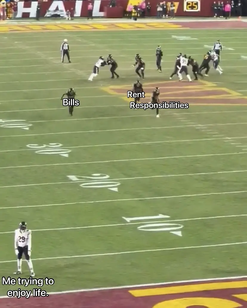 A football game scene where a lone player labeled 'Bills' runs toward the end zone, while two other players labeled 'Rent'…