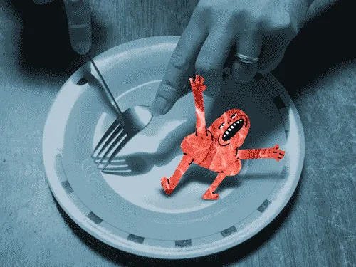 A six-panel image shows a small, red, cartoonish creature on a white plate, reacting with increasing terror as a hand uses a…