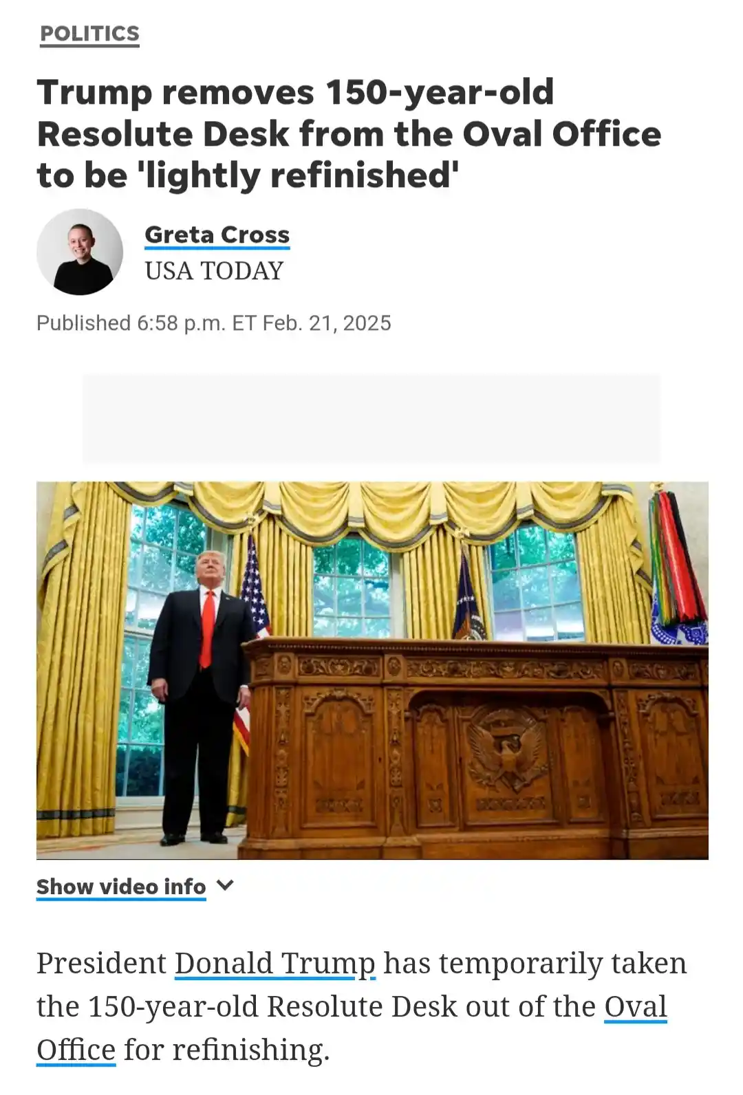 A screenshot of a USA TODAY news article from Feb 21, 2025, shows a photo of Donald Trump standing beside the ornate…