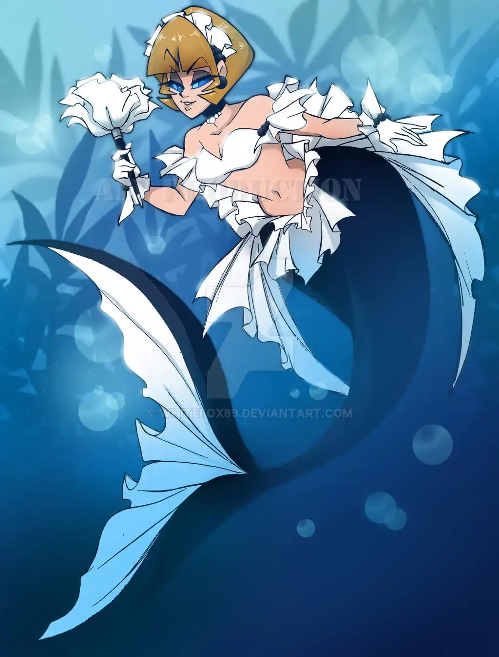 A cartoon-style mermaid with blonde hair and blue eyes wears a torn white maid outfit with frills and holds a white feather…