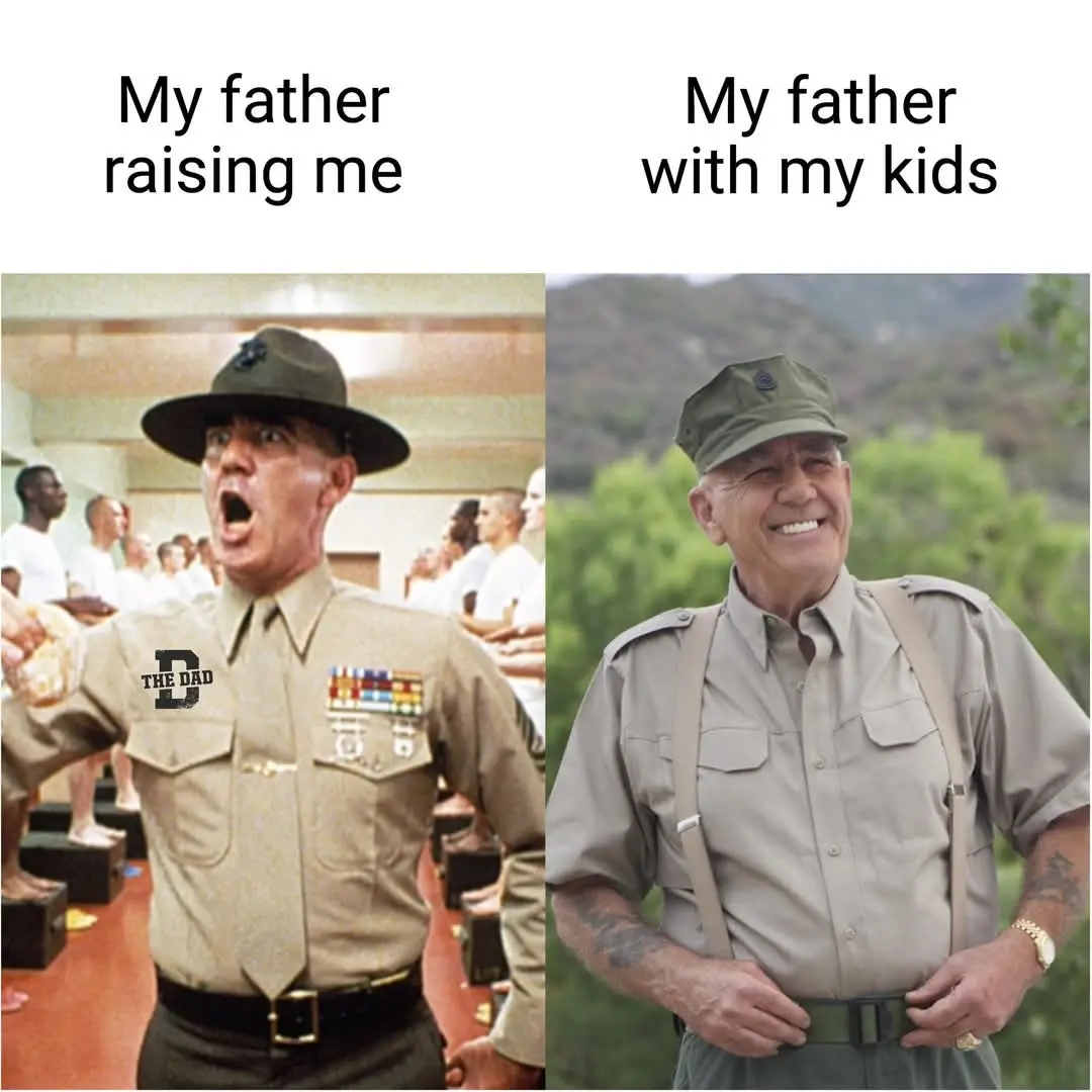 The image is split into two panels. Left: A stern, yelling man in a military uniform with 'THE DAD' on his chest, labeled…