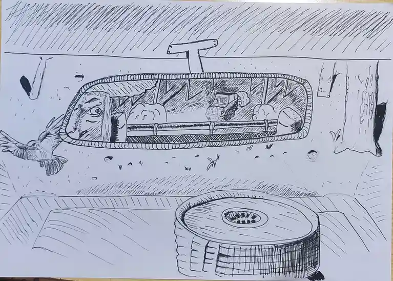 A hand-drawn black-and-white sketch shows a bus driver with a terrified expression looking at a rearview mirror. In the…