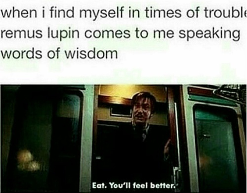 A still image from the Harry Potter films shows Remus Lupin standing in a doorway, smiling faintly. Overlaid text reads…