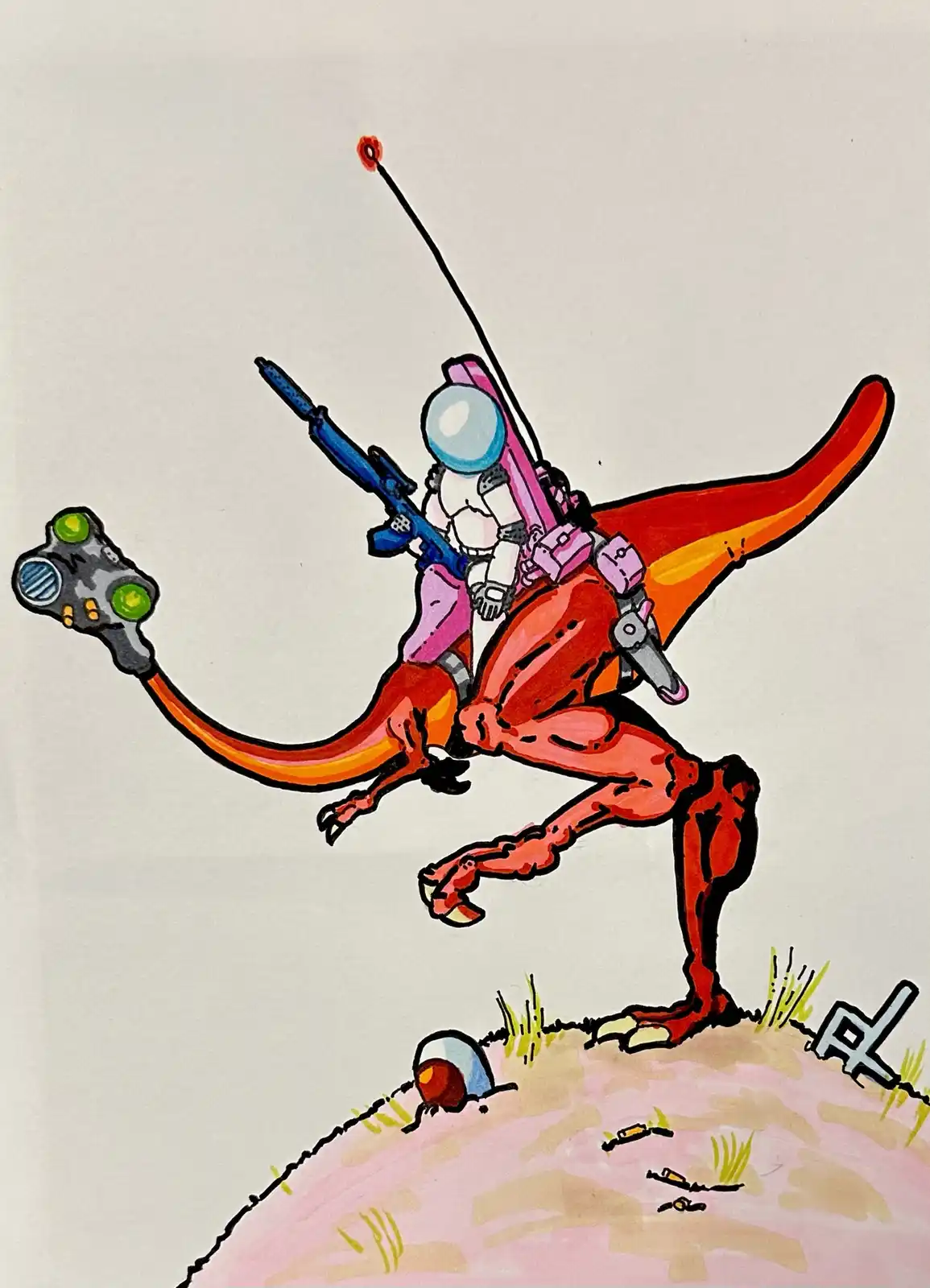 A cartoonish, red, bipedal dinosaur with a long tail ending in a mechanical device and a long antenna on its back is being…
