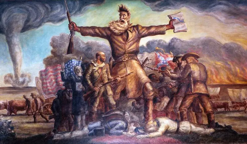 a dramatic historical painting depicts a giant bearded man holding a rifle and a document, standing over fallen soldiers and…