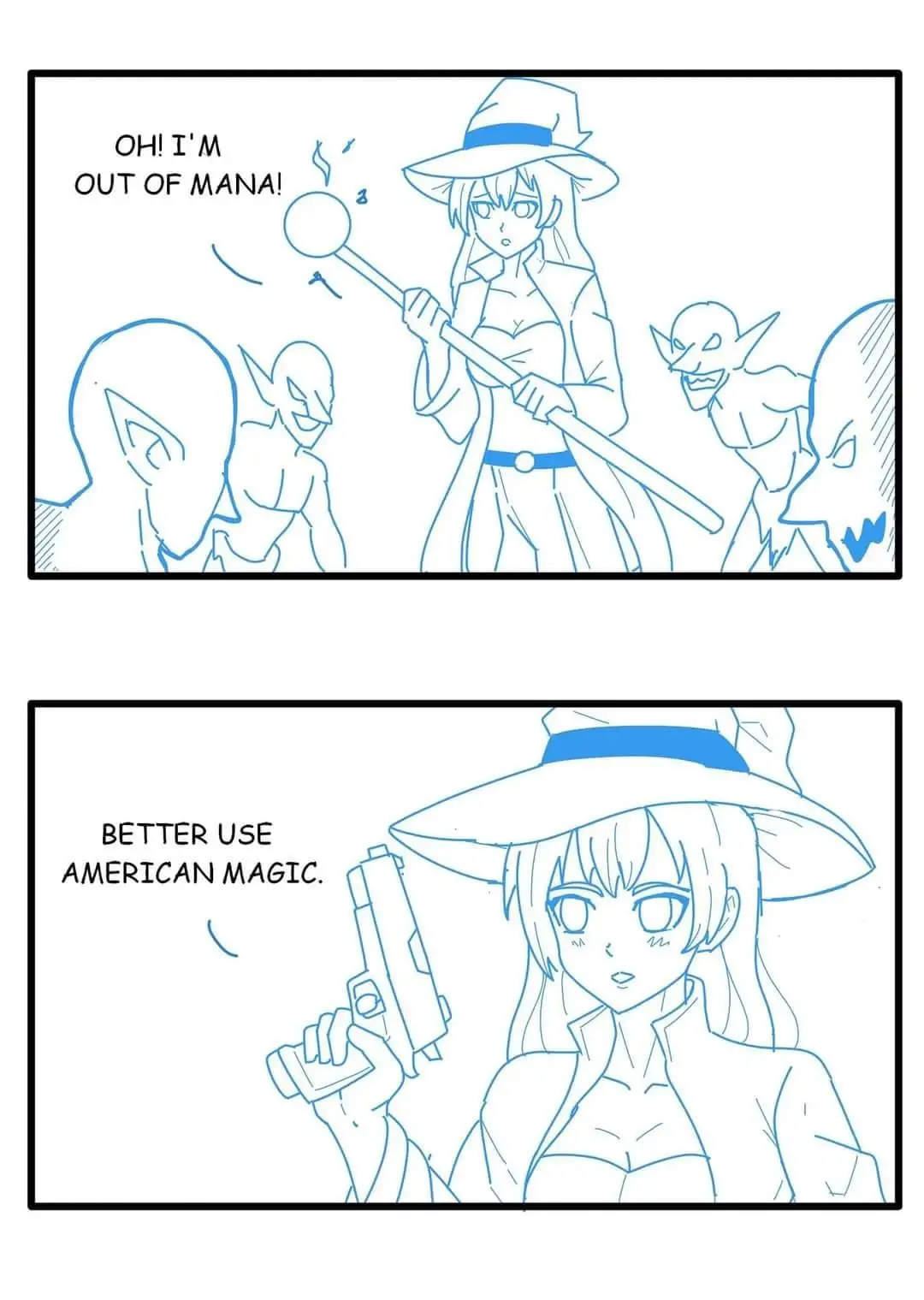 A two-panel comic shows a blue-line drawn anime-style female mage in a hat holding a magic staff, exclaiming she's out of…