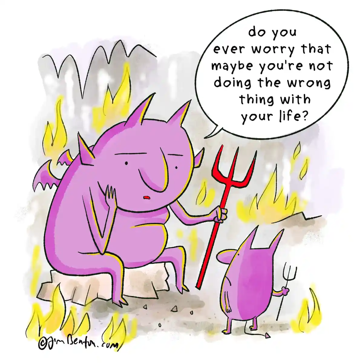 A cartoon depicts a large, purple, horned devil sitting on a rock in a fiery landscape, looking pensive while holding a red…