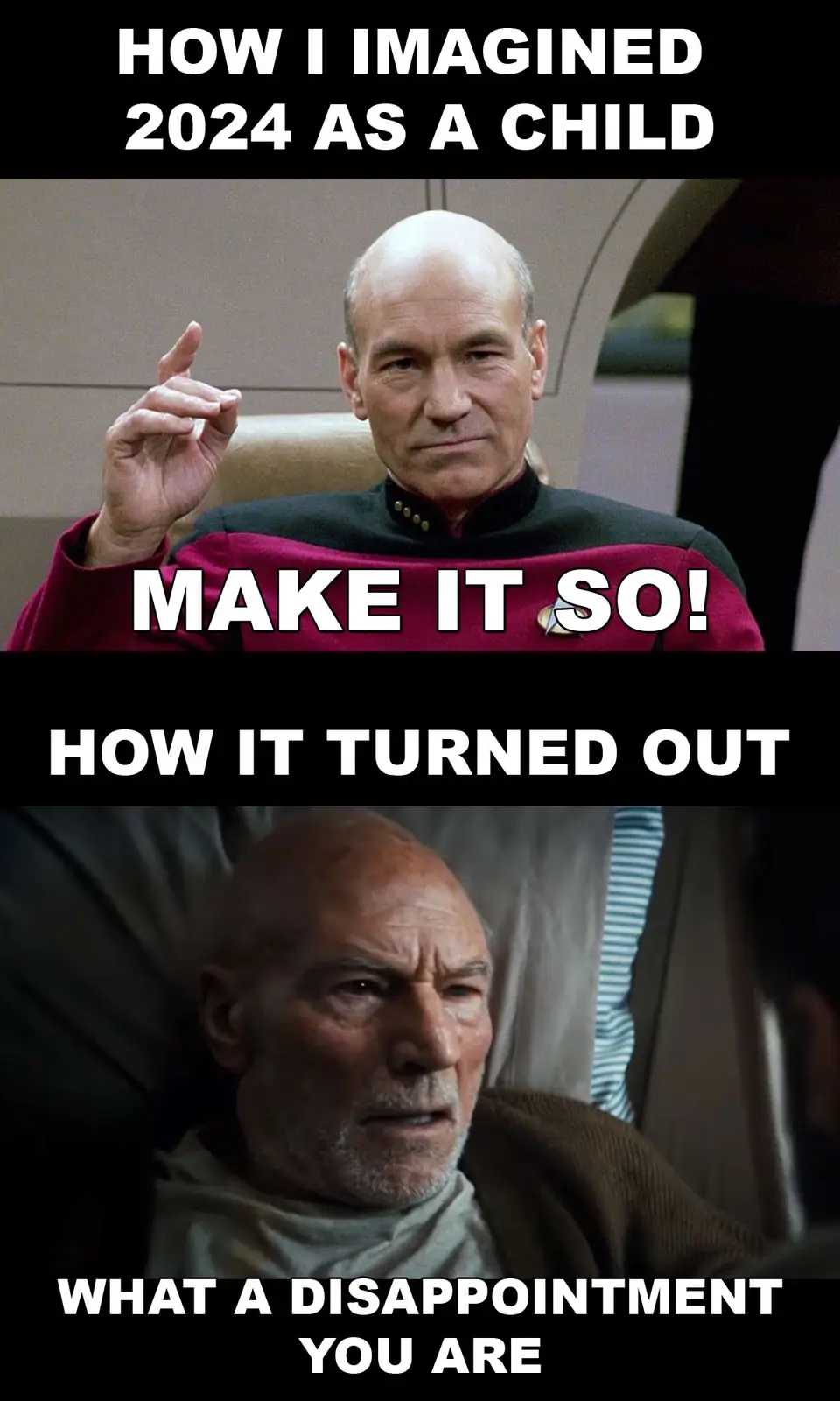 The meme features two images of actor Patrick Stewart as Captain Picard from Star Trek. The top panel shows him in his red…