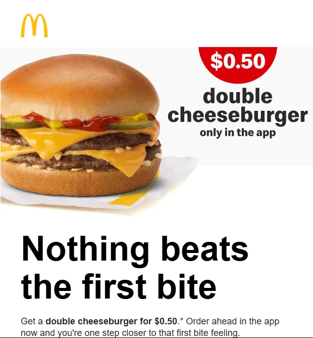 An advertisement image for McDonald's featuring a double cheeseburger with two beef patties, melted cheese, pickles, and…