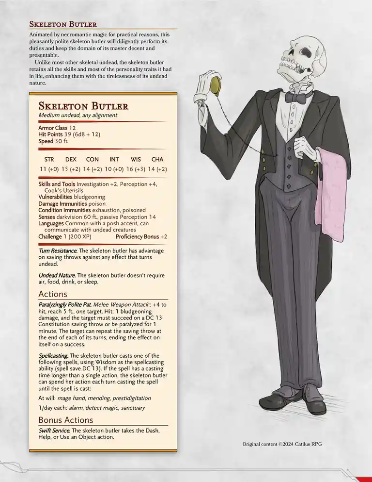 A skeleton dressed in a formal black tuxedo with a bowtie and holding a pocket watch stands beside a detailed Dungeons &…