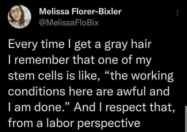 A screenshot of a tweet by Melissa Florer-Bixler shows white text on a black background. The tweet humorously explains that…