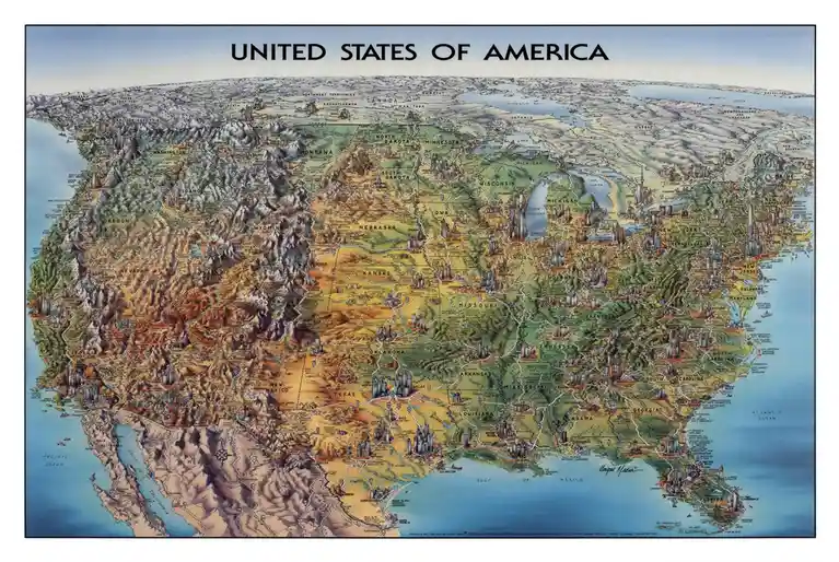 A detailed, colorful map of the United States of America showing state borders, major cities, and topography with labels for…