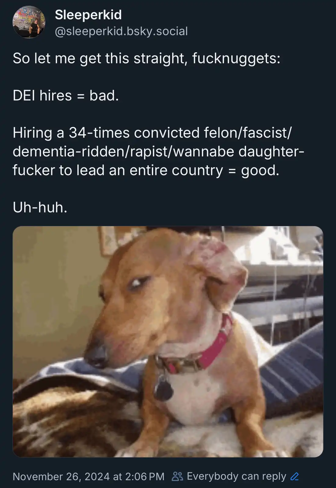 A screenshot of a social media post by 'Sleeperkid' featuring a photo of a brown and white dog with a pink collar, looking…
