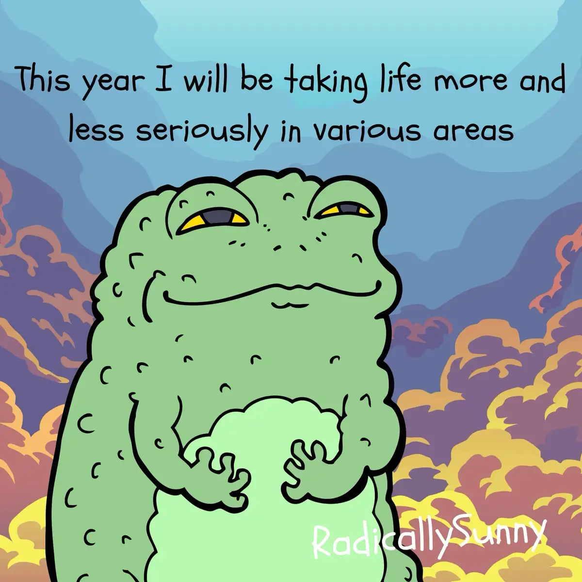 A cartoon green toad with a smug, self-satisfied expression stands against a colorful, abstract sky background. The toad has…