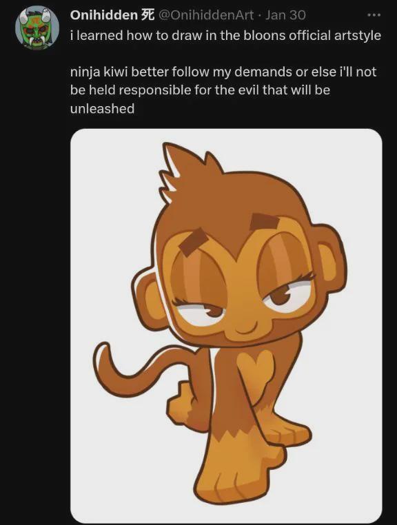 A cartoon monkey with a smug, confident expression, drawn in the official art style of the game Bloons. The image is…