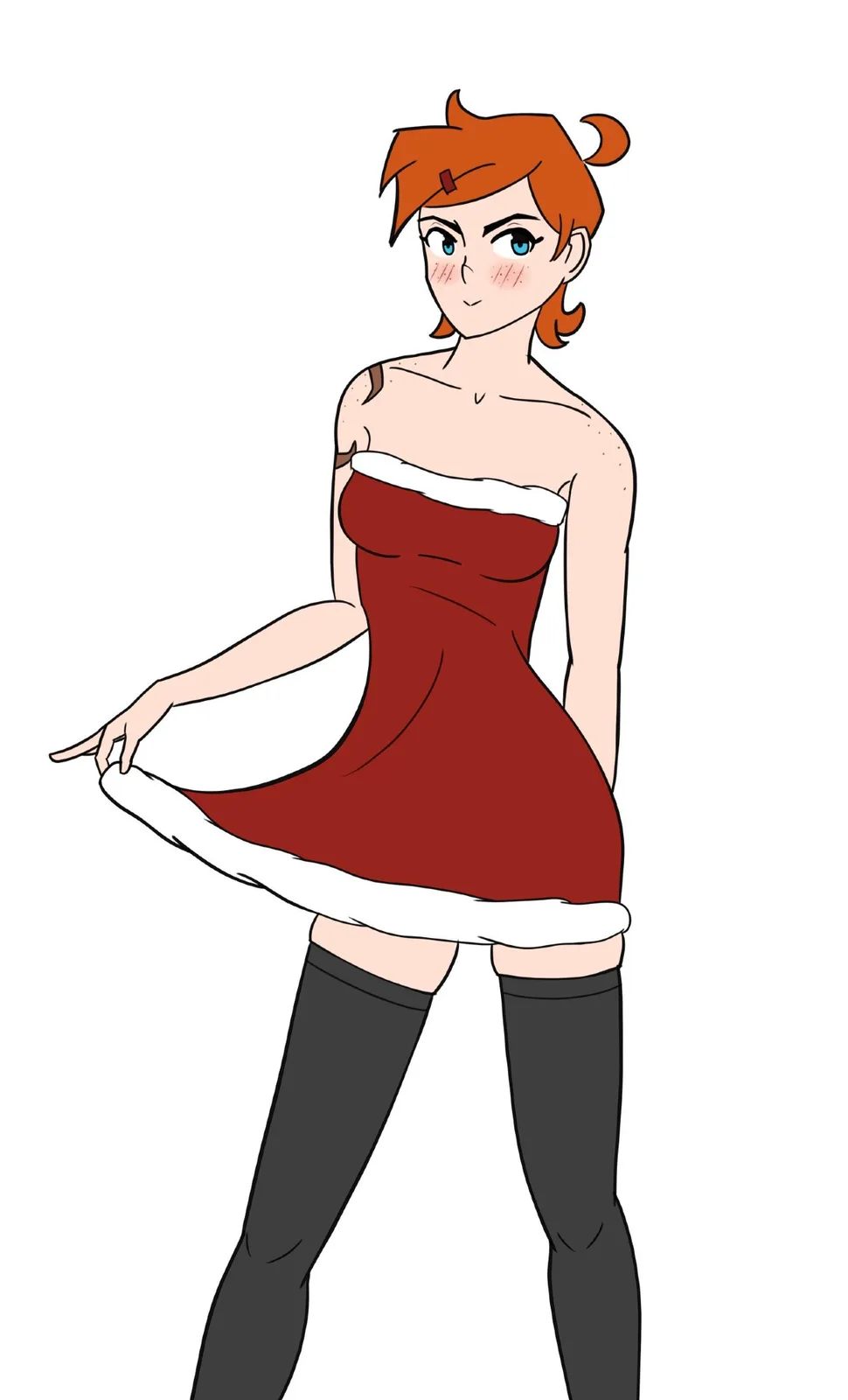 An anime-style illustration of a woman with orange hair in twin buns and blue eyes, wearing a red strapless dress with white…