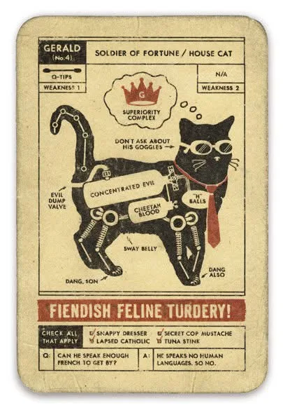 A vintage-style illustrated card depicts a black cat wearing sunglasses and a red tie, labeled 'GERALD (No.4) SOLDIER OF…